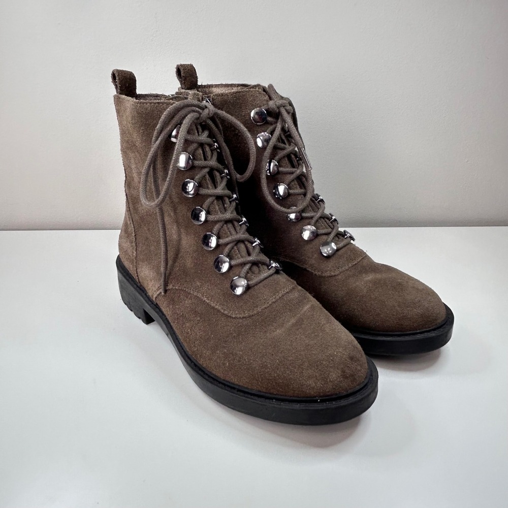Suede Lace Up Combat‎ Boots Women 5 M Brown Lug Sole Side Zip Línea Paolo